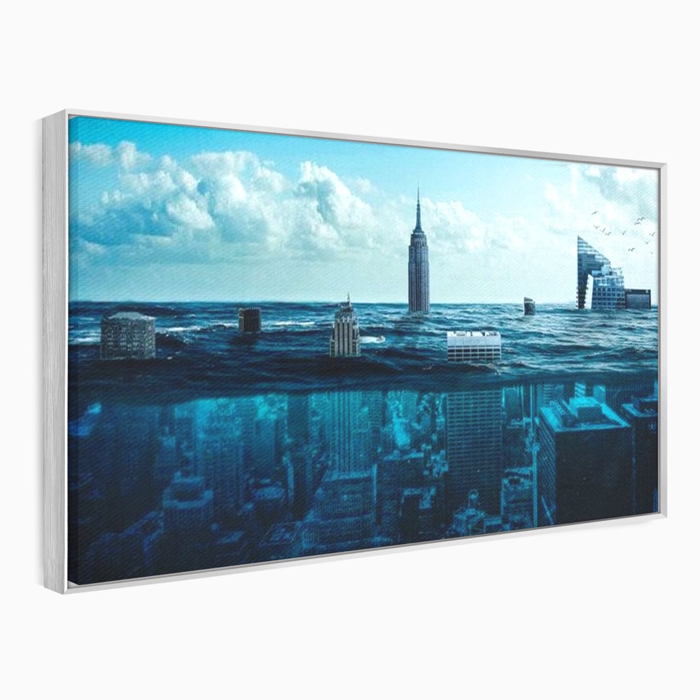 Tablou canvas cu ilustratie digitala cu oras scufundat in ocean, in rama de aluminiu argintiu